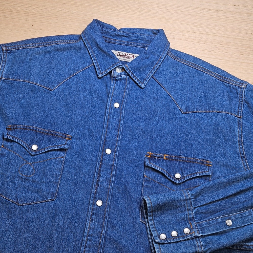 Y2K Big Mac Denim Pearl Snap Western Shirt Mens XLT Blue Long Sleeve Workwear